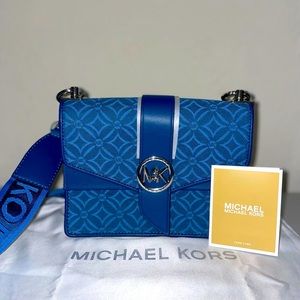 NWT Original Michael Kors Greenwich Small Logo Jacquard Crossbody Bag Blue Geo